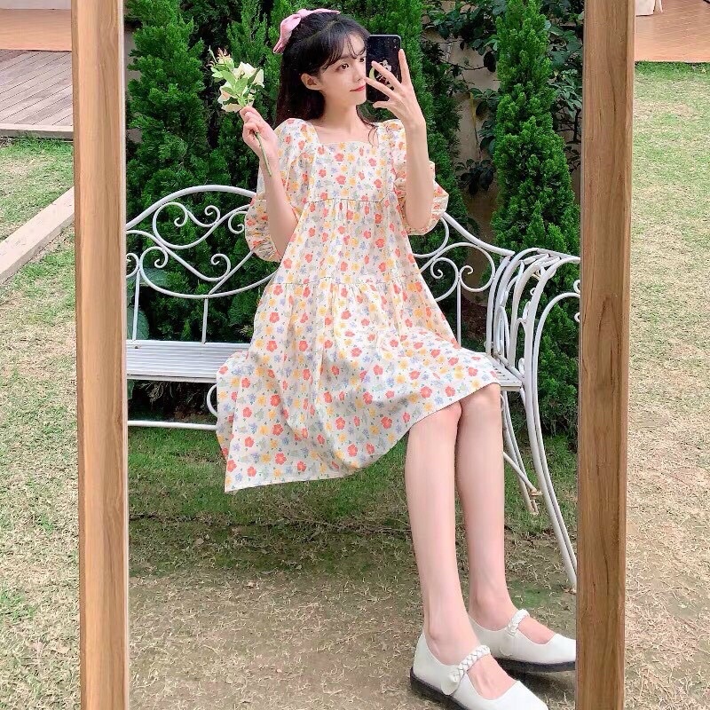 đầm bông lụa baby cổ vuông trước sau ngắn tay