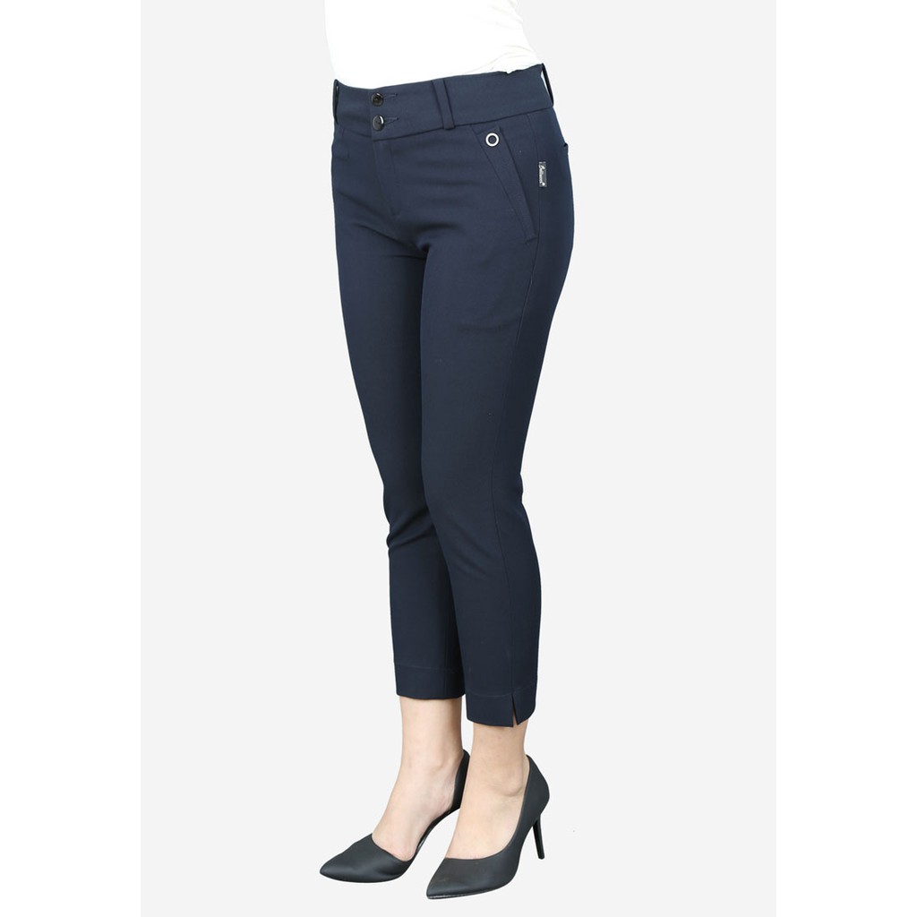 Quần ống côn bò lụa tím than cạp 6 cm 2 khuy ô rê túi xẻ gấu The One Fashion QL234TT6