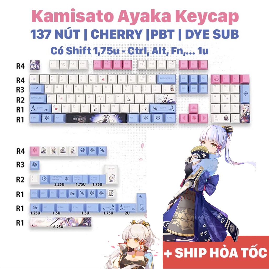 Keycap Genshin Impact nhân vật Kamisato Ayaka nhựa PBT, profile Cherry, in Dye Sub, 137 nút phù hợp các loại layout
