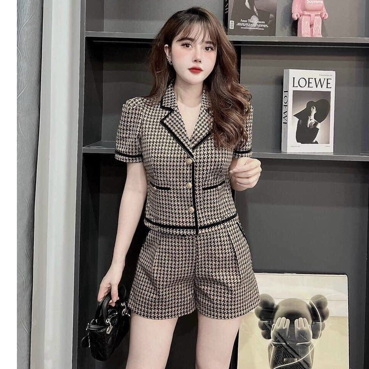 Sét đồ bộ nữ kiểu vets áo tay ngắn cổ v hàng nút phối quần cộc thời trang nữ