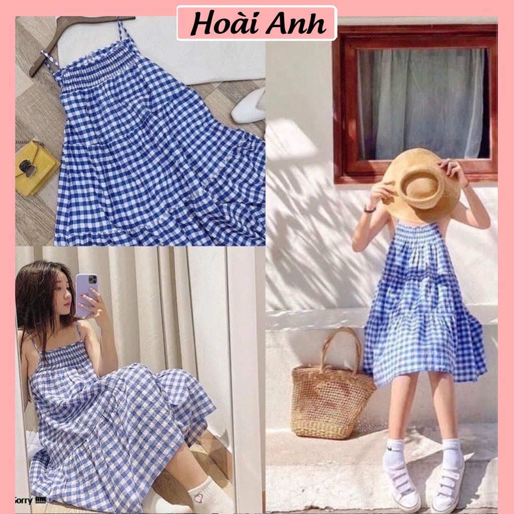 Váy Babydoll Hai Dây Đầm 2 Dây Nữ Kẻ Caro Xanh Dáng Babydoll Chất Thô Phong Cách Tiểu Thư