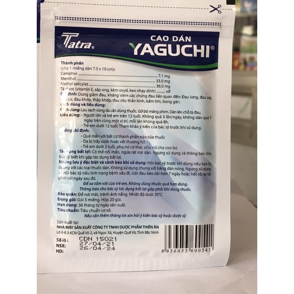 Cao dán hỗ trợ giảm đau YAGUCHI - Gói 5 miếng