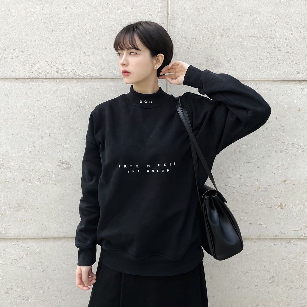 ÁO SWEATER NỈ BÔNG CỔ CAO SLOGAN DGB Nam Nữ form rộng, unisex, Basic trơn đen - Sweater Local DRAGONBYBOI