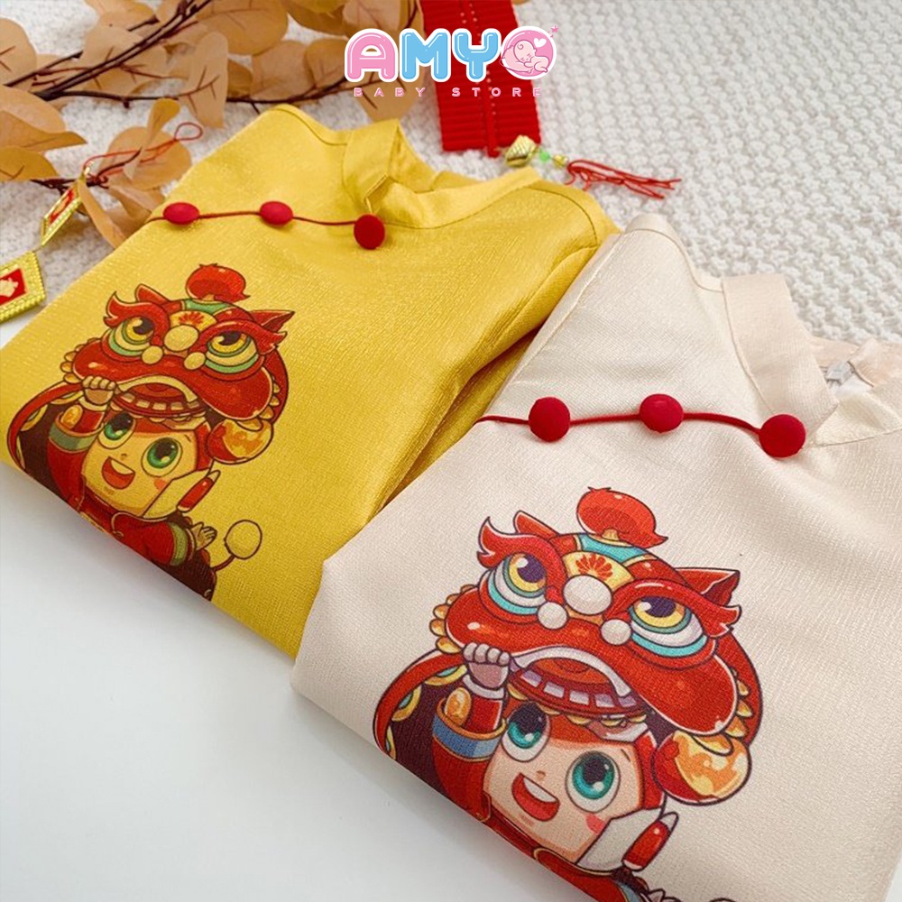 Áo dài bé trai set đồ Tết cho bé trai kèm quần lanh đen AMYO 11.BAD03.02-2