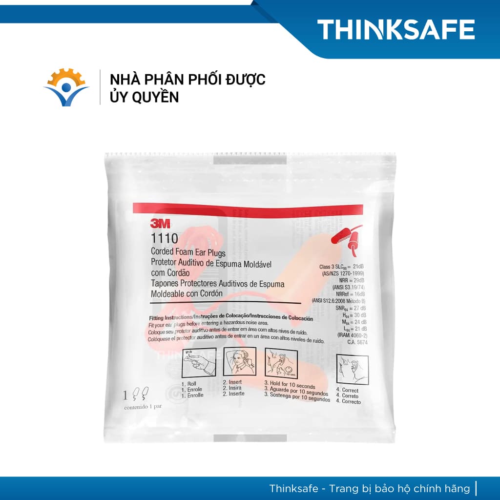 Nút tai chống ồn 3M 1110 cấu tạo từ PU xốp, chống ồn đạt chỉ số NRR 29dB