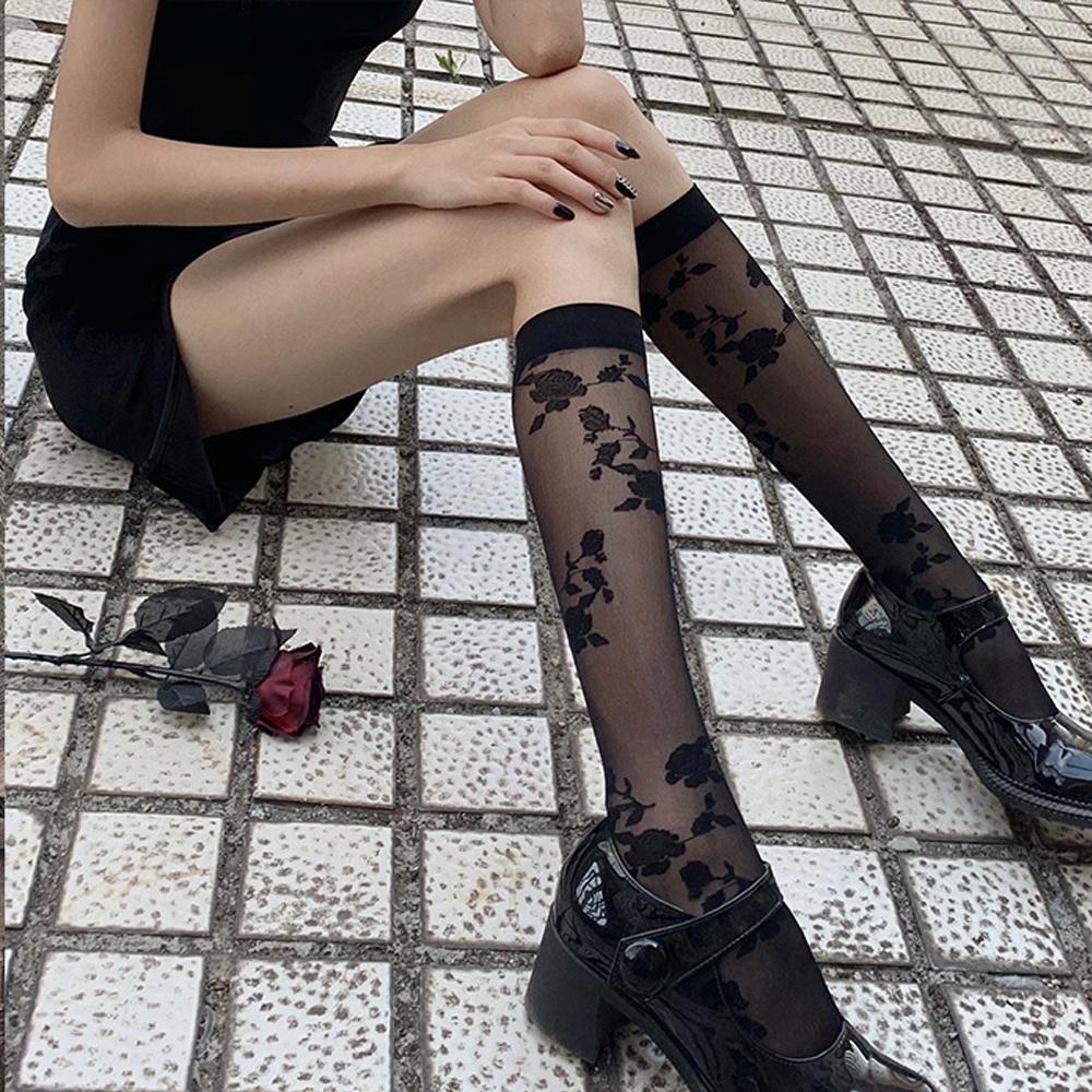 Vớ Ống Lửng Bằng Lụa Thủy Tinh Trong Suốt Họa Tiết Hoa Hồng Gợi Cảm Cho Nữ