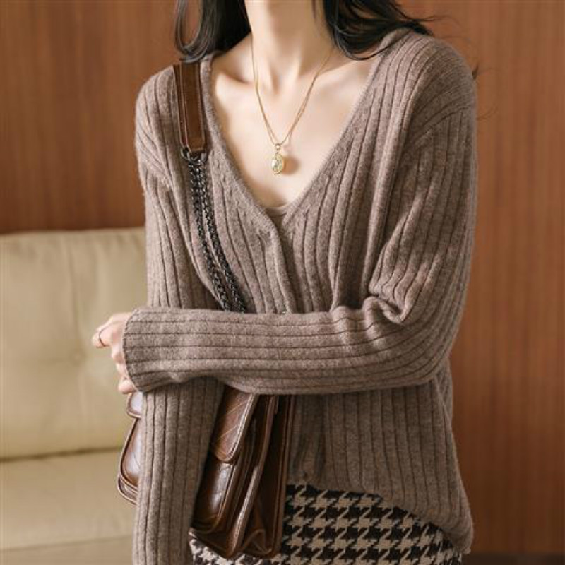 Áo Khoác Cardigan Dệt Kim Dáng Rộng Cổ Chữ V Màu Trơn Thời Trang Mùa Thu Cho Nữ