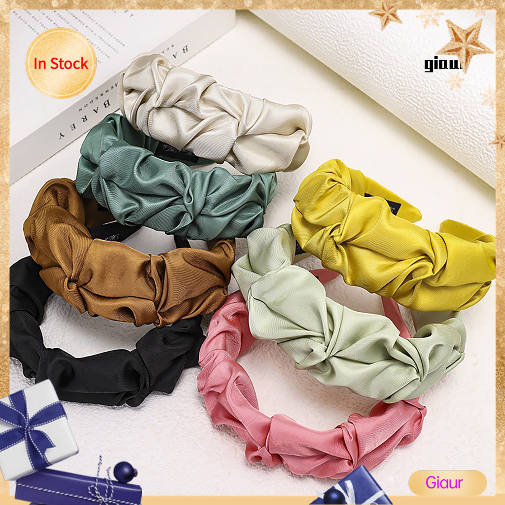Băng Đô Cài Tóc Bản Rộng Xếp Ly Màu Sắc Trơn Không Trượt