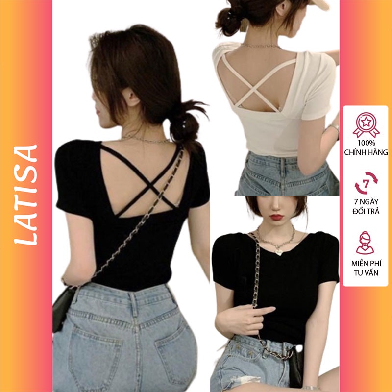 Áo croptop tay ngắn cổ tròn nữ kiểu Hàn Quốc thun ôm body dây chéo lưng LATISA CR11