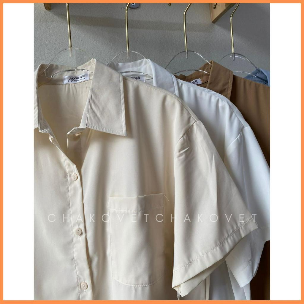 Áo sơ mi nữ cộc tay một túi ngực form rộng ullzang phong cách Hàn Quốc basic đi học đi làm A8623 - CHAKOVET