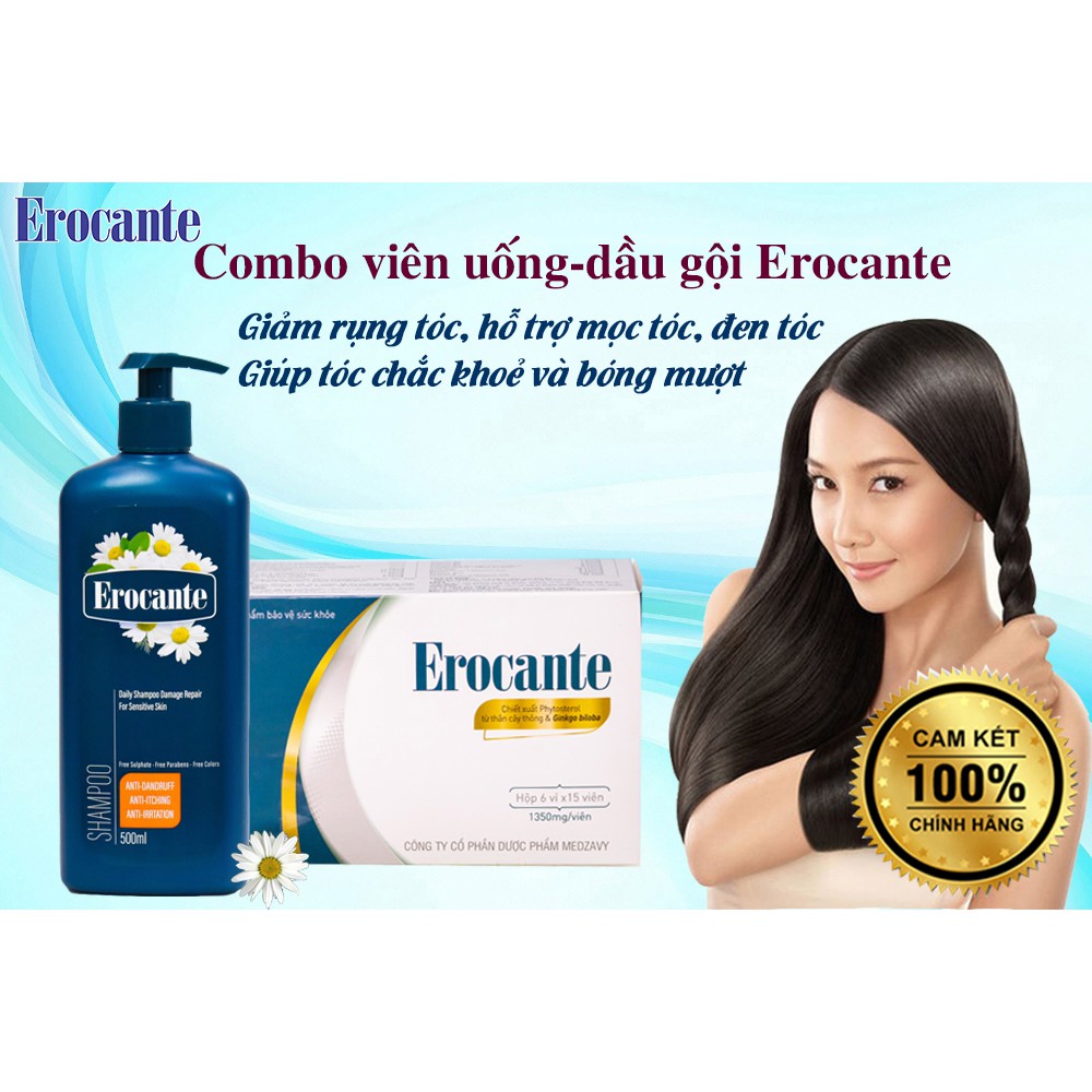 Combo Viên uống Erocante &Dầu gội Erocante 500ml giảm rụng tóc, hỗ trợ mọc tóc, đen tóc, giúp tóc chắc khỏe và bóng mượt