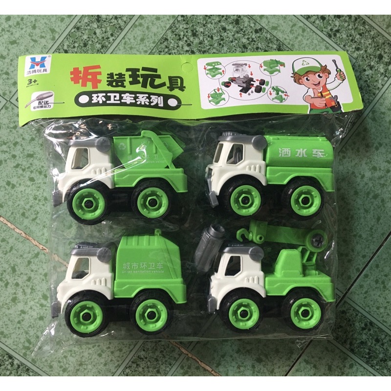 Túi Đồ Chơi 4 Xe Tua Vít Tháo Lắp, Xe Môi Trường, Xe Chở Rác