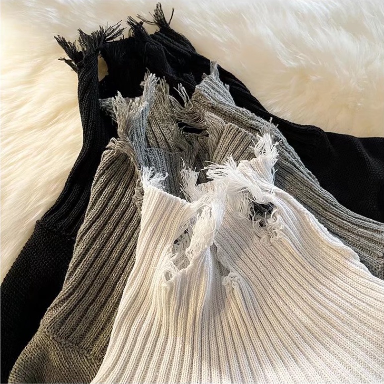 Áo sweater Dệt Kim Tay Dài Dáng Rộng Cổ Tròn Rách Gối Phong Cách Hàn Quốc Thời Trang Cho Nam Và Nữ