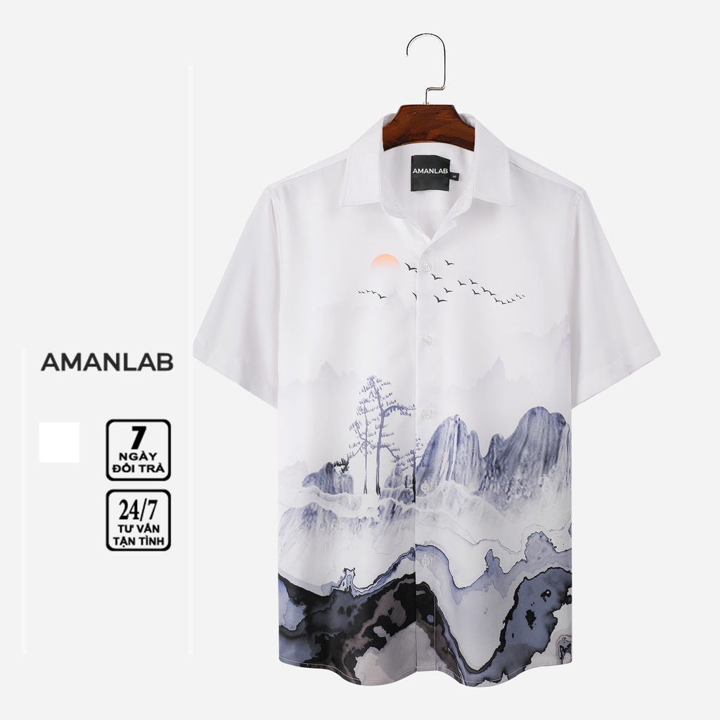 Áo sơ mi nam ngắn tay họa tiết phong cảnh núi đồi, vải lụa không nhăn, form regular Paradise AMANLAB