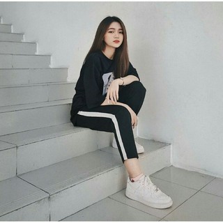 Quần jogger nữ dài màu đen vải umi Quần thể thao sọc Co giãn 4 Chiều Đai chun ống bó vừa mặc đi học tập gym