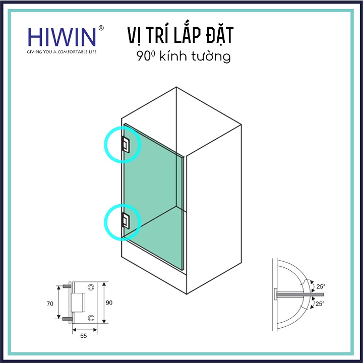 Bản lề phòng tắm kính 90 độ kính tường đế lệch cạnh thẳng chất liệu inox 304 mặt gương HIWIN HG-008 (dày 5mm)