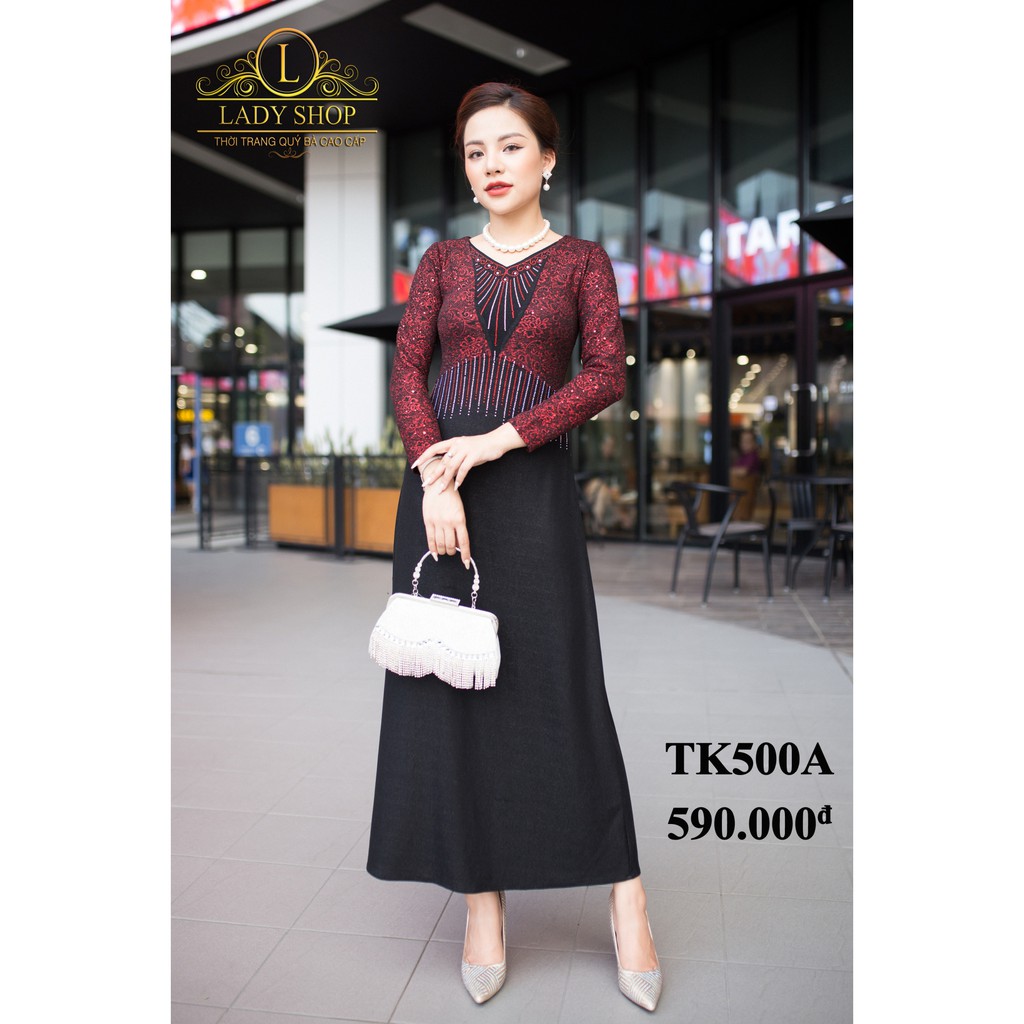 Váy trung niên quý bà cao cấp Ladyshop Maxi kim sa đỏ cổ V đá tia TK500 | BigBuy360 - bigbuy360.vn
