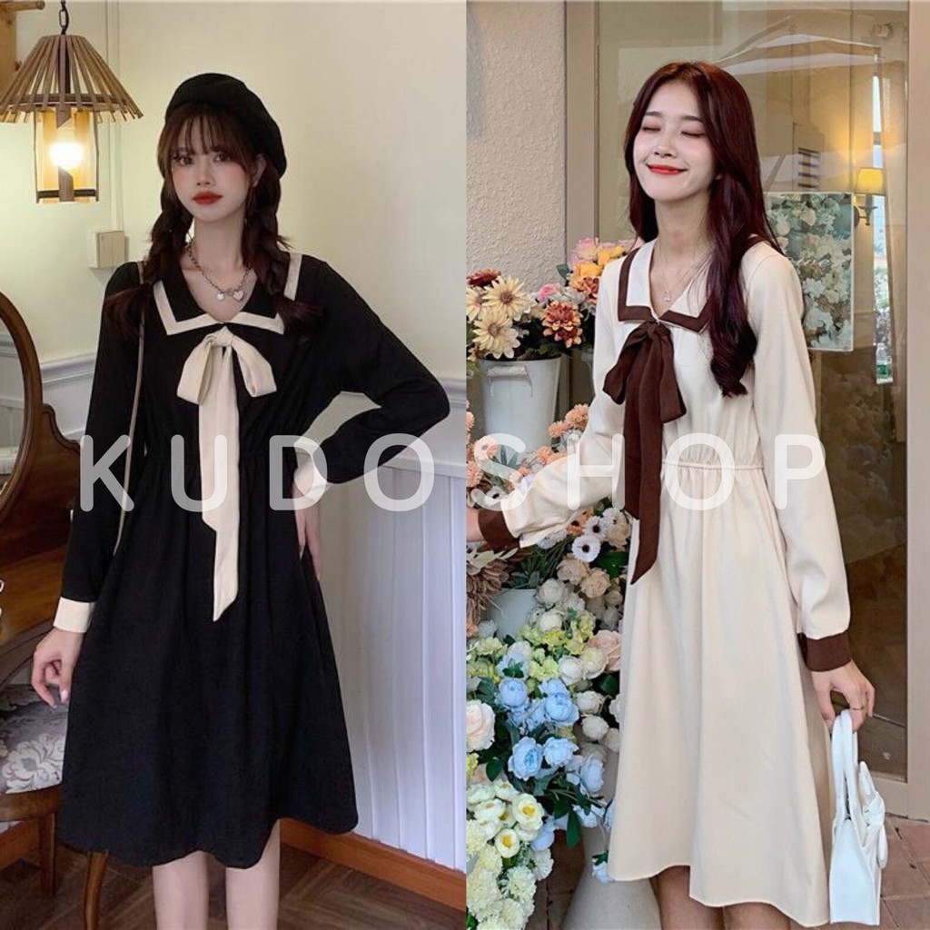 Đầm thủy thủ nữ dài tay cổ bẻ phối nơ dáng rộng unisex hàn quốc/ Váy babgydoll phong cách vintage dáng dài dễ thương