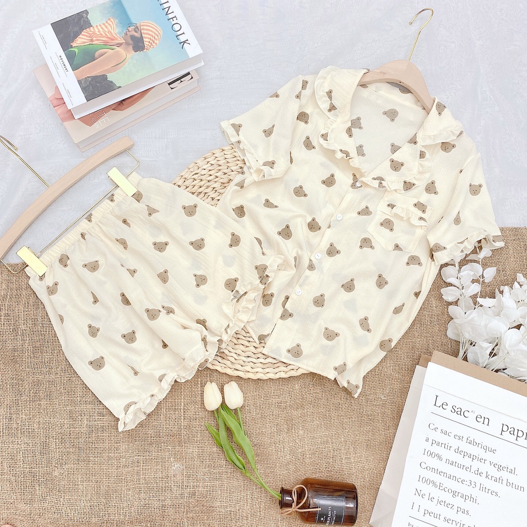 Bộ Đồ Ngủ Nữ Pijama Mặc Nhà Cộc Tay Cổ Bèo Chất Vải Đũi Hàn Họa Tiết Dễ Thương Set Áo Cộc Quần Đùi