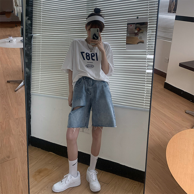 IELGY Quần short jean rách kiểu dáng thời trang nữ tính