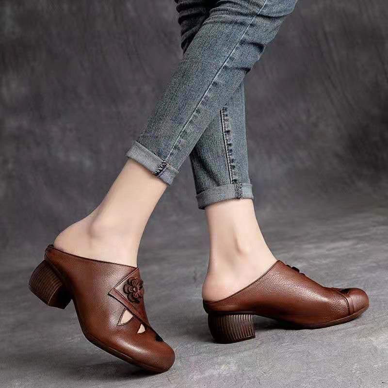 Dép Bít Mũi Bằng Da Thật Phong Cách Retro Thời Trang Mùa Hè 2021 Cho Nữ Trung Niên