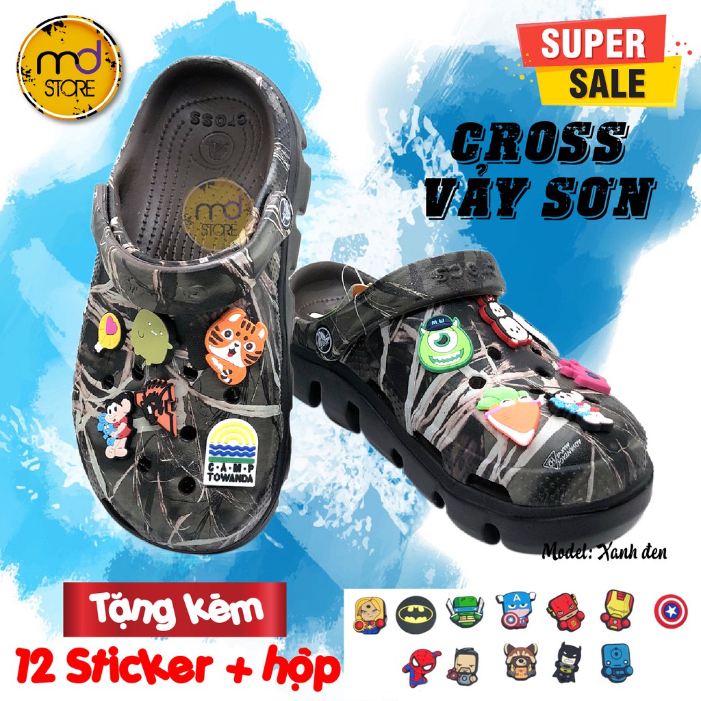 Dép Cross vảy sơn camo đế đen lượn sóng, Dép Cross cá sấu bít đầu hotrend giới trẻ - Tặng kèm 12 Sticker + Hộp