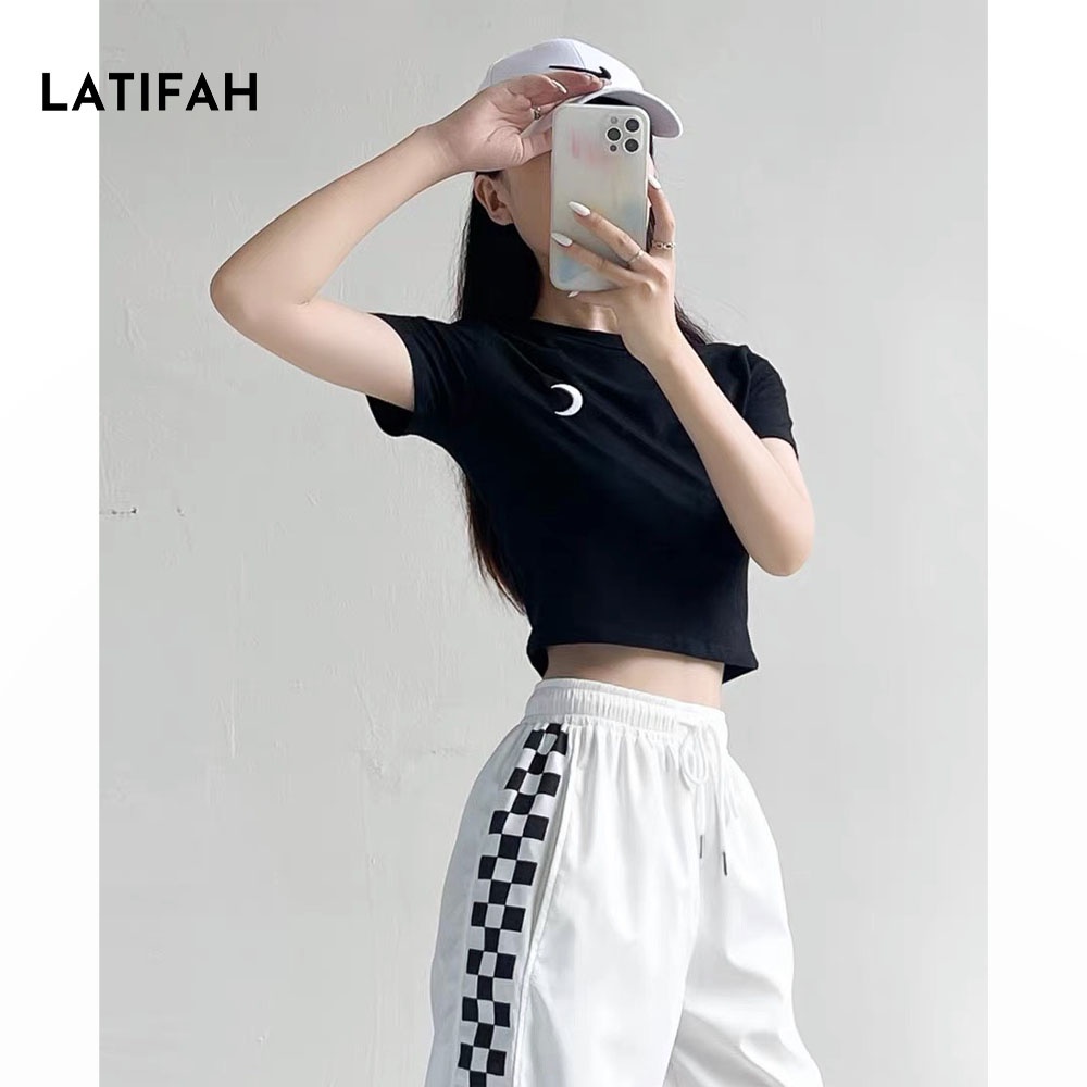 Áo thun croptop tay lỡ Latifah thêu hình MẶT TRĂNG AT012 chất vãi dày dặn co giãn 4 chiều