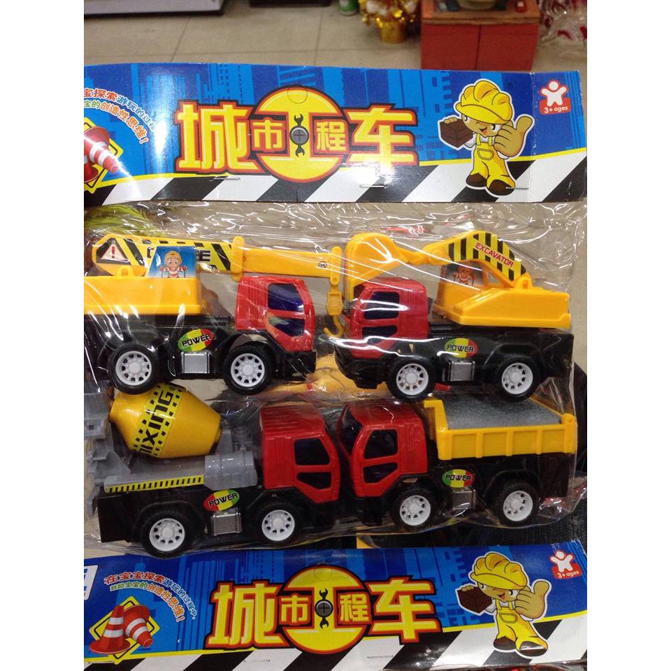 Túi 4 xe mini công trình (chat với shop xem còn mẫu nào vì mỗi đợt hàng về mẫu thay đổi)