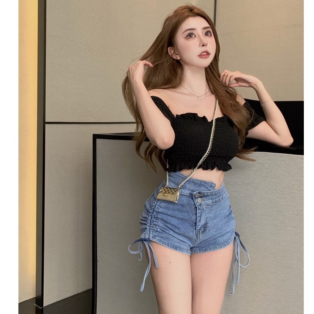 Quần Short Denim Lưng Cao Thiết Kế Dây Rút Phong Cách Trung Hoa Thời Trang Mùa Hè Mới