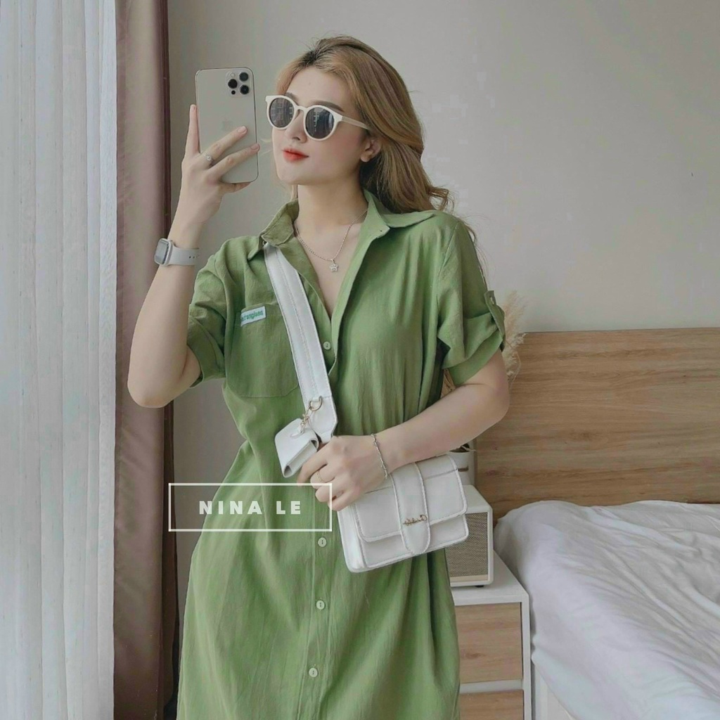 (Sale FreeShip) Đầm sơ mi from suông,đầm nữ tay gập lai có túi sau in hình chuột mickey dễ thương,chất đũi mềm mát