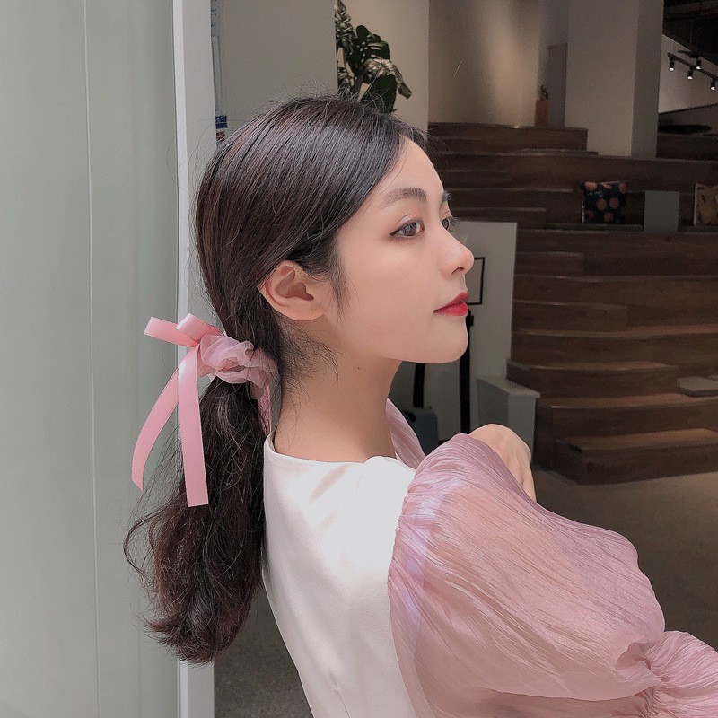 S35 Scrunchies cột tóc vải voan phối nơ tiểu thư