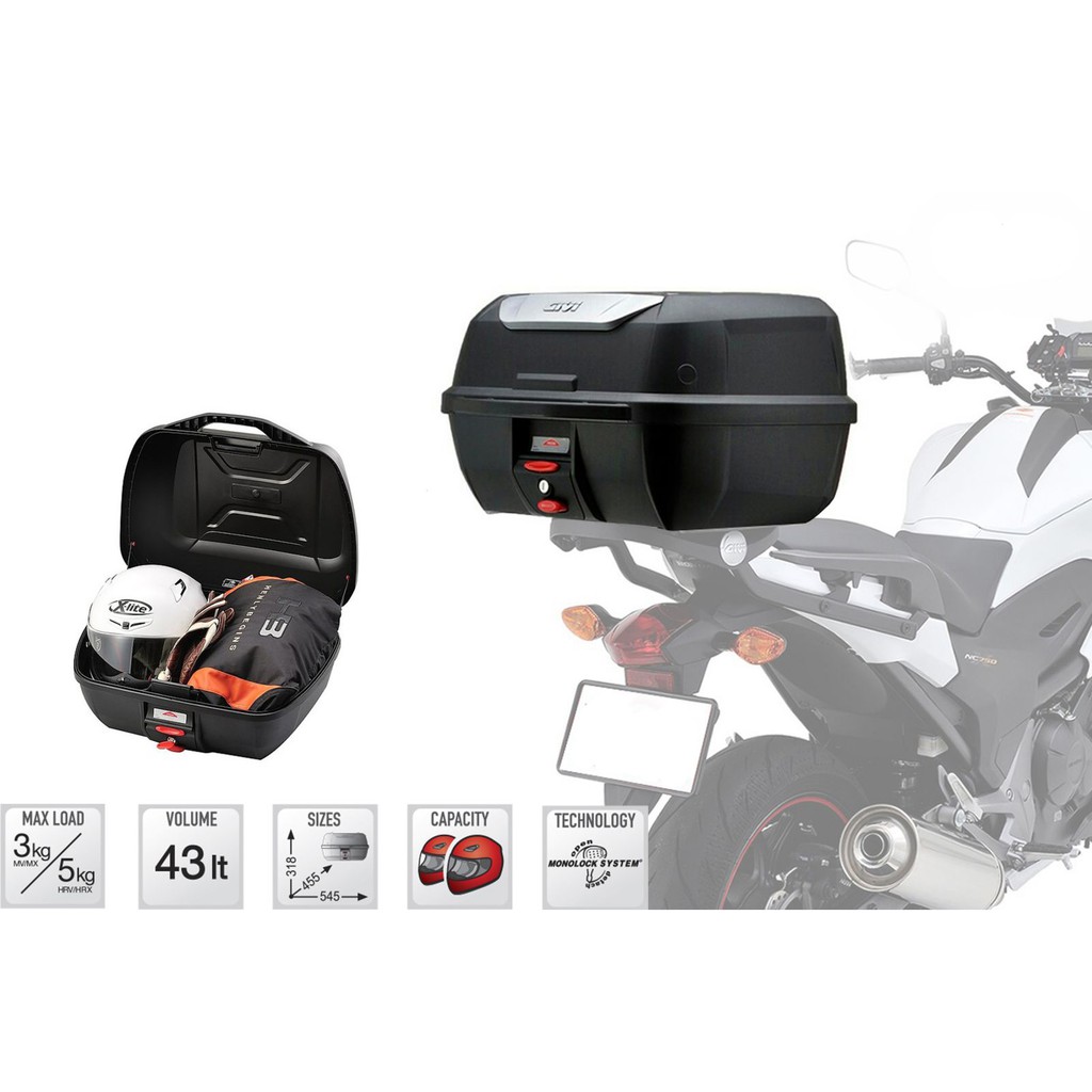 Thùng Givi E43NTL ( đã bao gồm đế đệm ) 43 lít, hàng mới chính hãng 100%, BH 2 năm