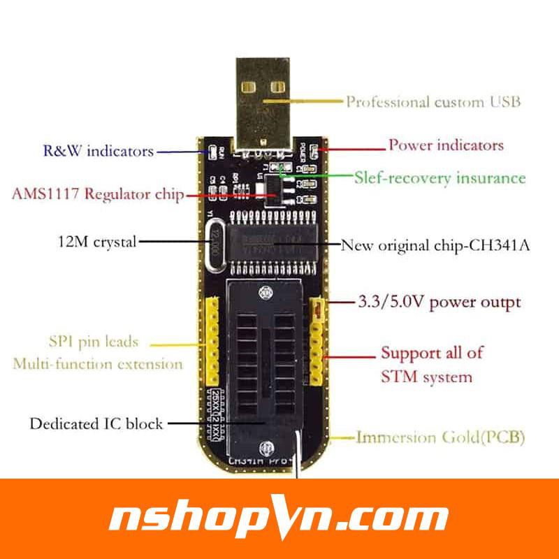 Mạch nạp EEPROM Flash CH341A dòng 24xx 25xx cổng USB