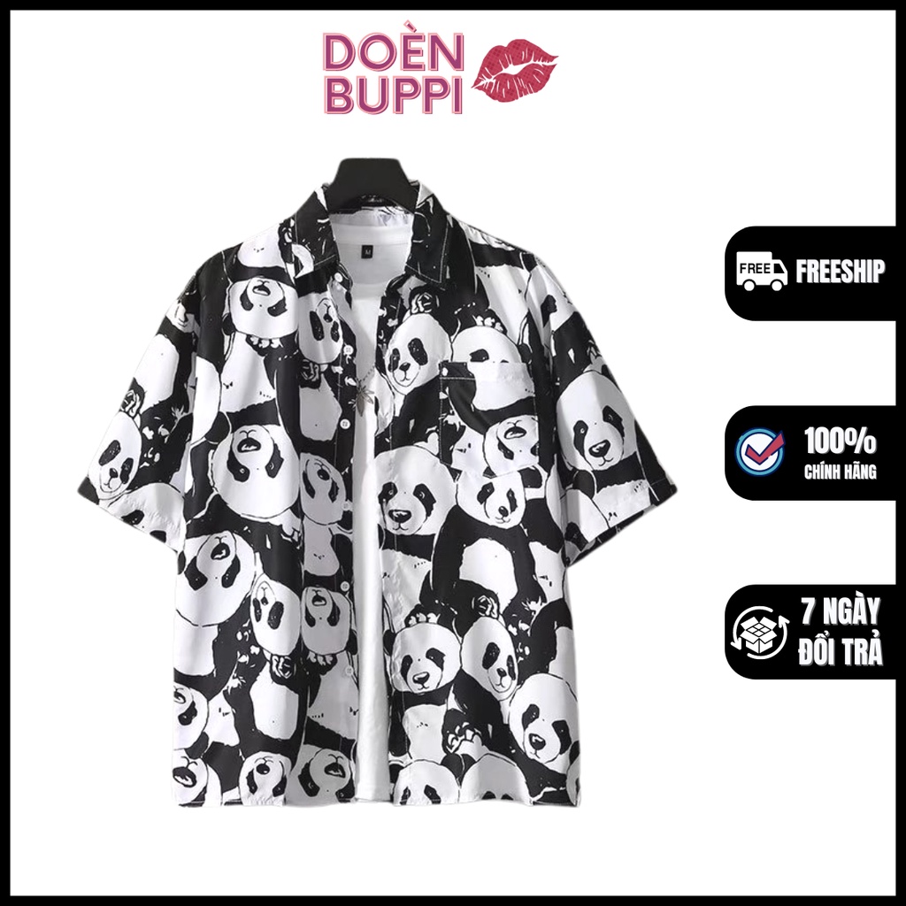 Áo sơ mi ngắn tay unisex nam nữ, cổ đứng, vải lụa lạnh nhập khẩu thoáng mát, TRẮNG HÌNH GẤU TRÚC - DOÈNBUPPI Shirt