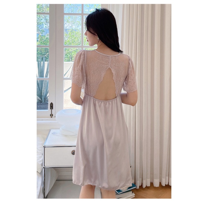 Đầm Ngủ Vải Lụa Phối Ren Lưng Trần Quyến Rũ Cho Nữ