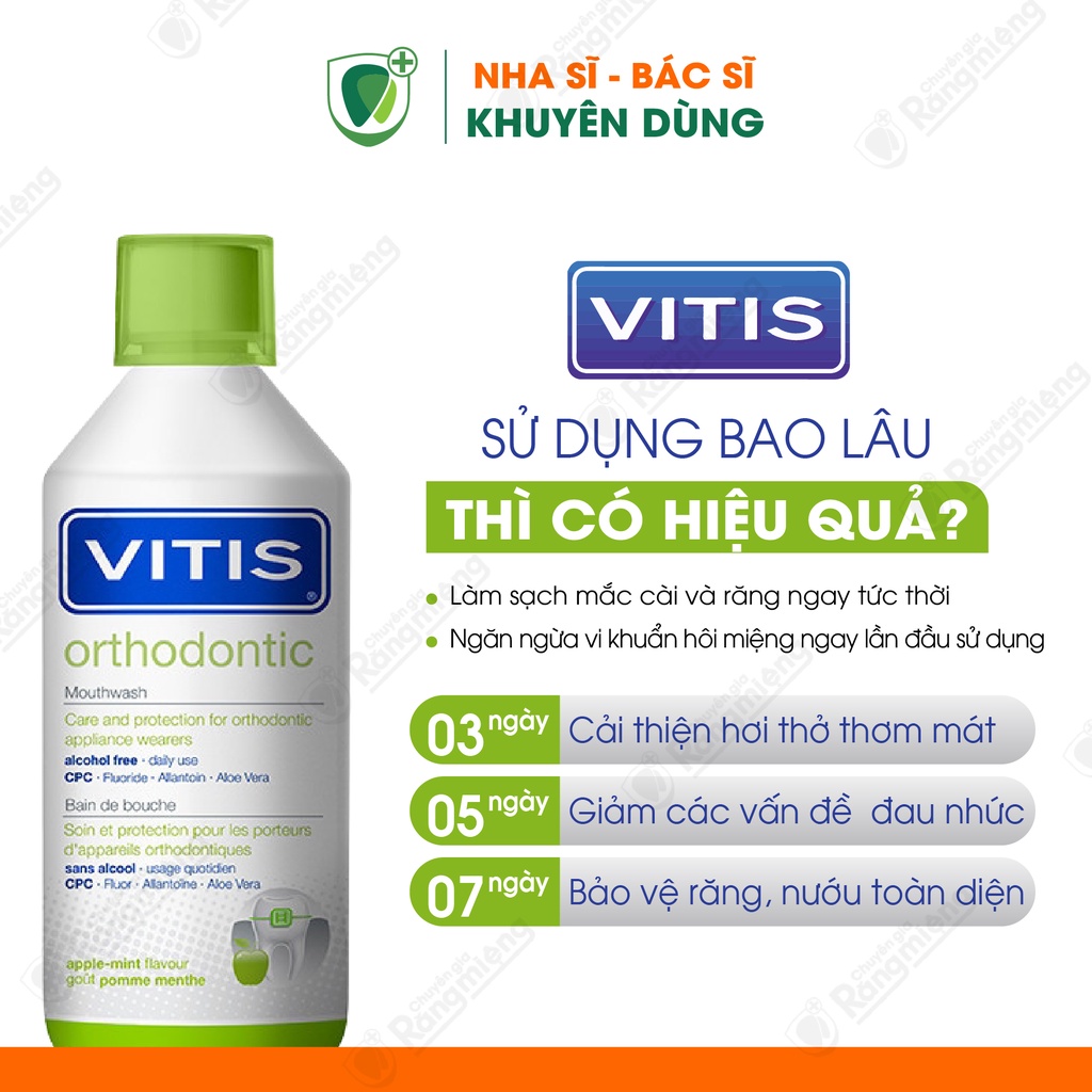 Nước súc miệng VITIS Orthodontic cho Răng niềng, Chỉnh nha, Sạch kẽ mắc cài, Ngừa mảng bám, Chai lớn 500ml