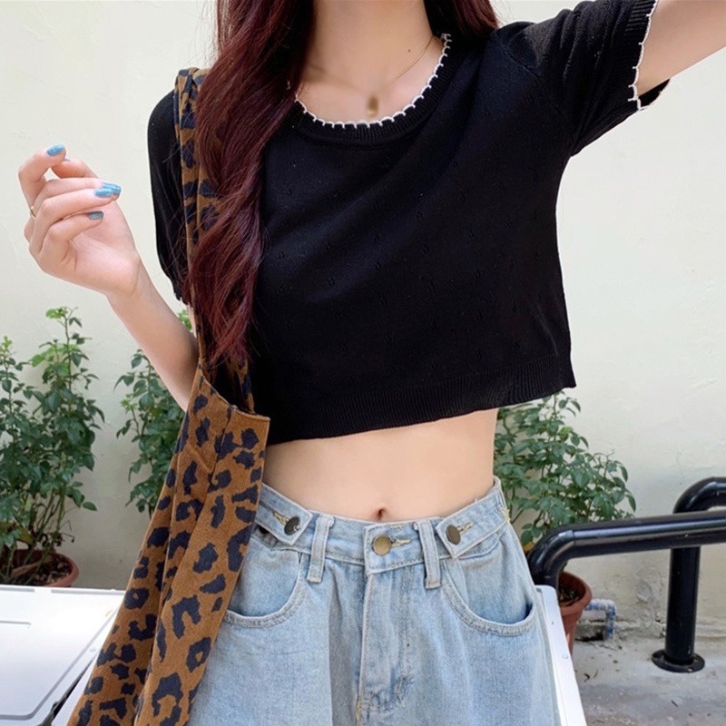 Áo Croptop Dệt Kim Tay Ngắn Cổ Tròn Phối Màu Phong Cách Hàn Quốc Thời Trang Cho Nữ