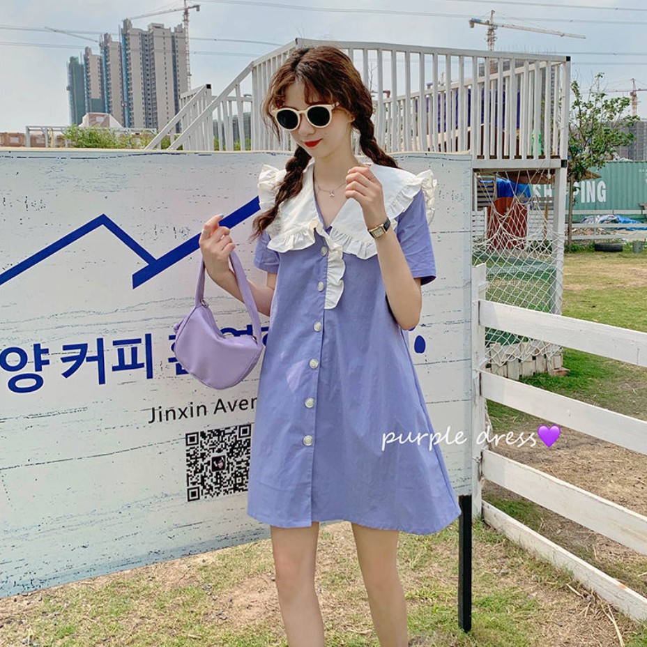 Đầm babydoll tay phồng màu tím phối ren lolita dự tiệc thời trang phong cách Hàn Quốc