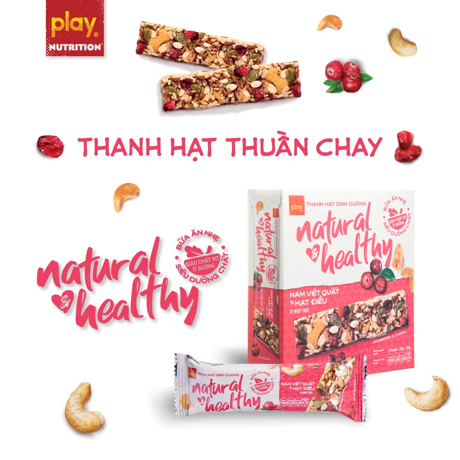 Thanh hạt thuần chay PLAY Natural & Healthy - Bánh hạt ăn chay, ăn kiêng, giảm cân, hộp 6 thanh