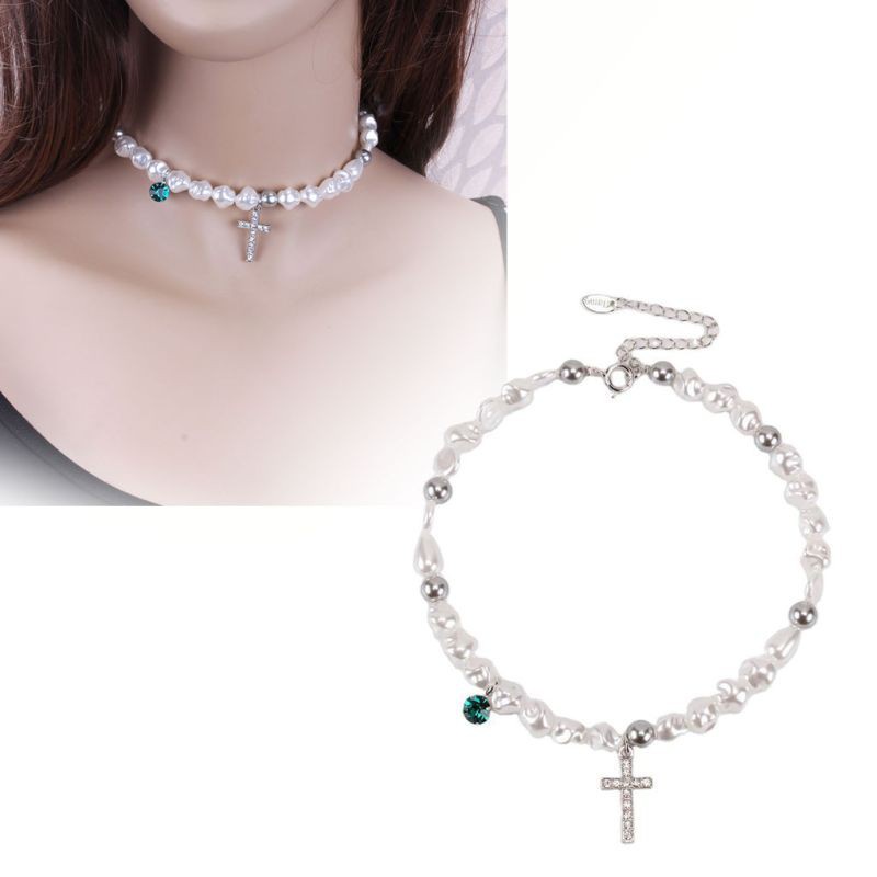 vòng cổ Choker Mặt Hình Thánh Giá Đính Hạt Ngọc Trai Giả Thời Trang Cho Nữ