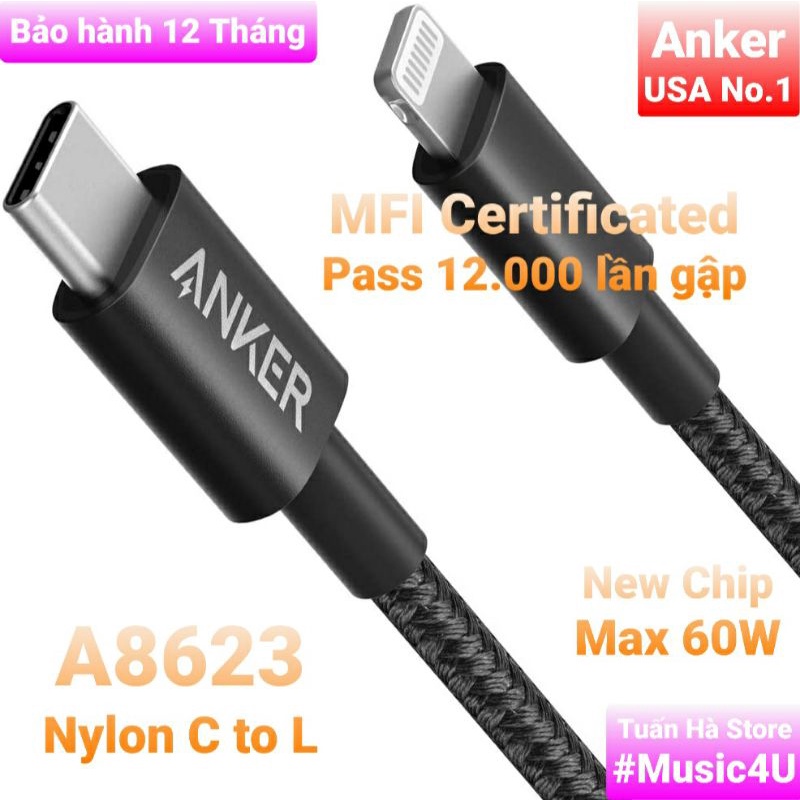 Dây cáp sạc nhanh Anker PowerLine USB Type C ra to Lightning A8623 A8633 A8632 cho Iphone 11 12 13 Pro Max Tuấn Hà Store