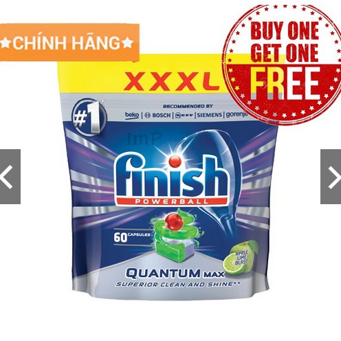 Viên rửa bát Finish Quantum Max 60 viên (Hương chanh, táo)