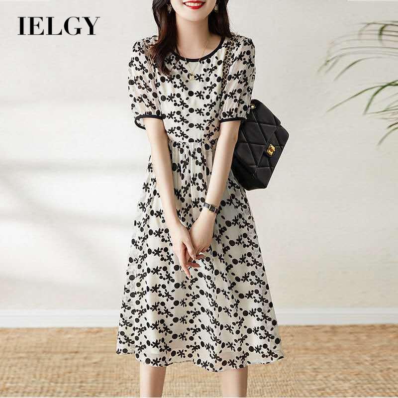 Đầm IELGY mỏng cổ tròn tay ngắn ôm eo in họa tiết hình học