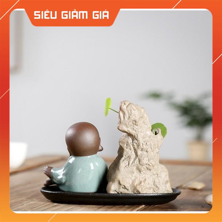 KHUYẾN MÃI LỚN Tượng Chú Tiểu Bên Chậu Núi Đế Gốm Đen