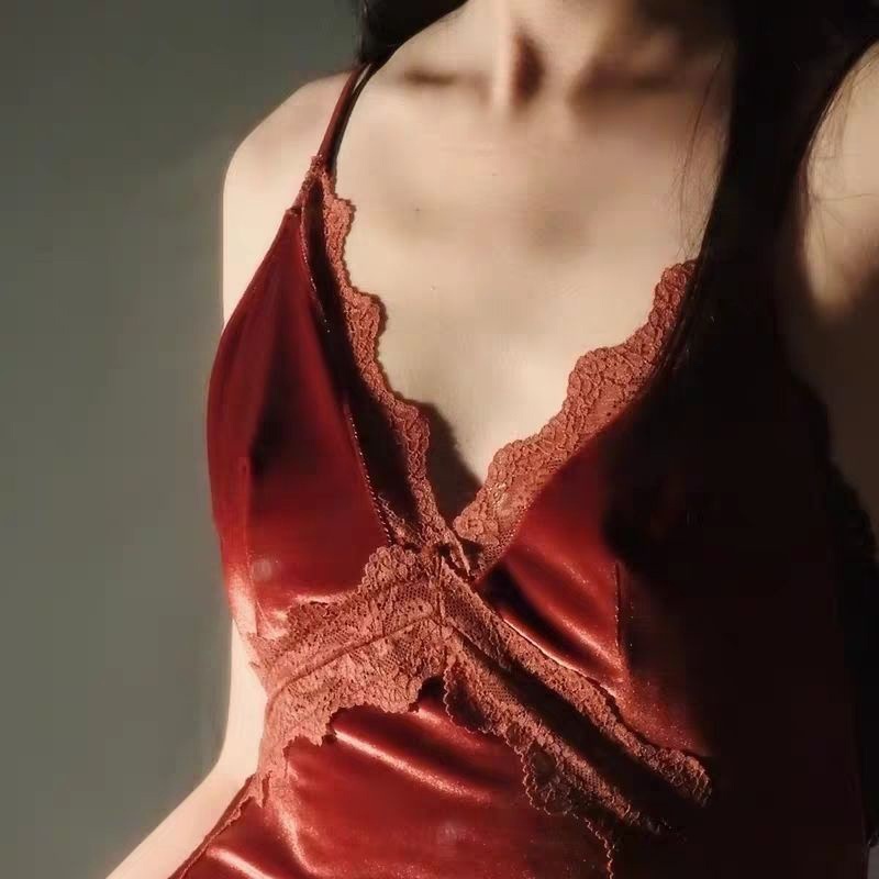 Đầm Ngủ LEOSOXS Hai Dây Vải Nhung Phối Ren Hở Lưng Thời Trang Gợi Cảm Cho Phái Nữ