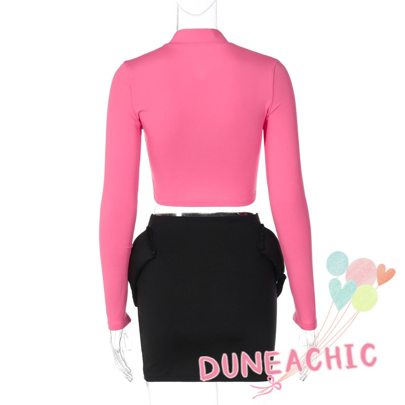 DUNEA Set đồ gồm áo thun tay dài phối chân váy lưng cao thời trang xinh xắn cho nữ