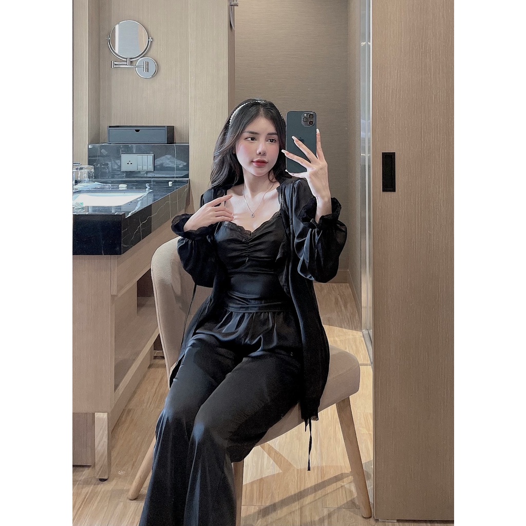 Set 3 mặc nhà 2 dây Sexy tay bo tiểu thư lụa latin Siêu Mát