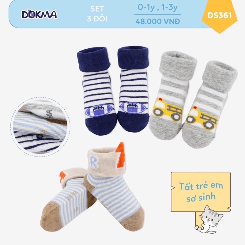 1 Set 3 đôi Tất/Vớ Dokma cotton co giãn 4 chiều bé trai/bé gái size 0-1 tuổi đến 6-8 tuổi