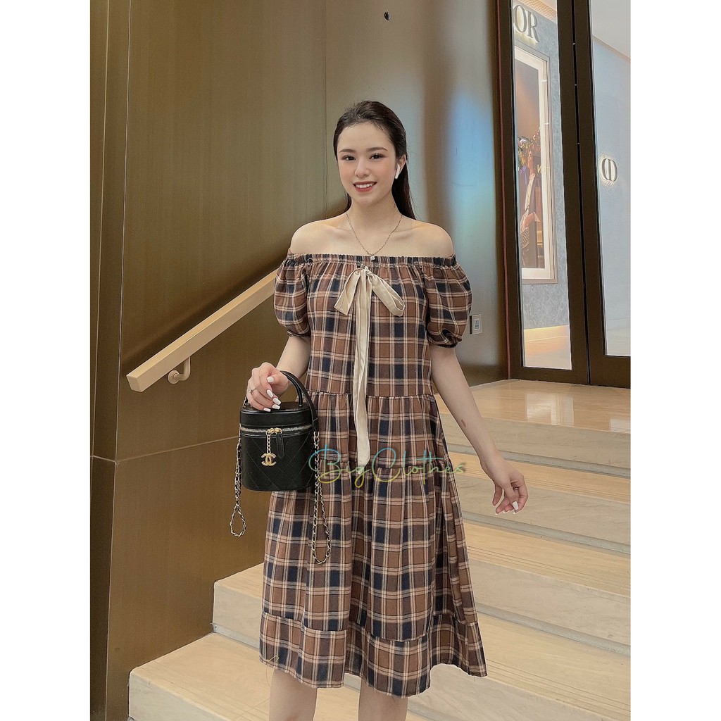 Váy đầm bigsize trễ vai kẻ caro sọc nơ cổ 50-75kg