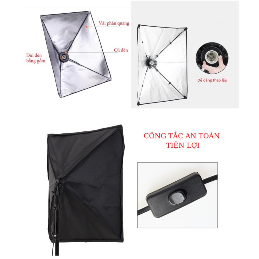 Bộ đèn studio XT5A có remote - Kèm Softbox 50x70cm, chân đèn 2m, bóng led Bulb 150W